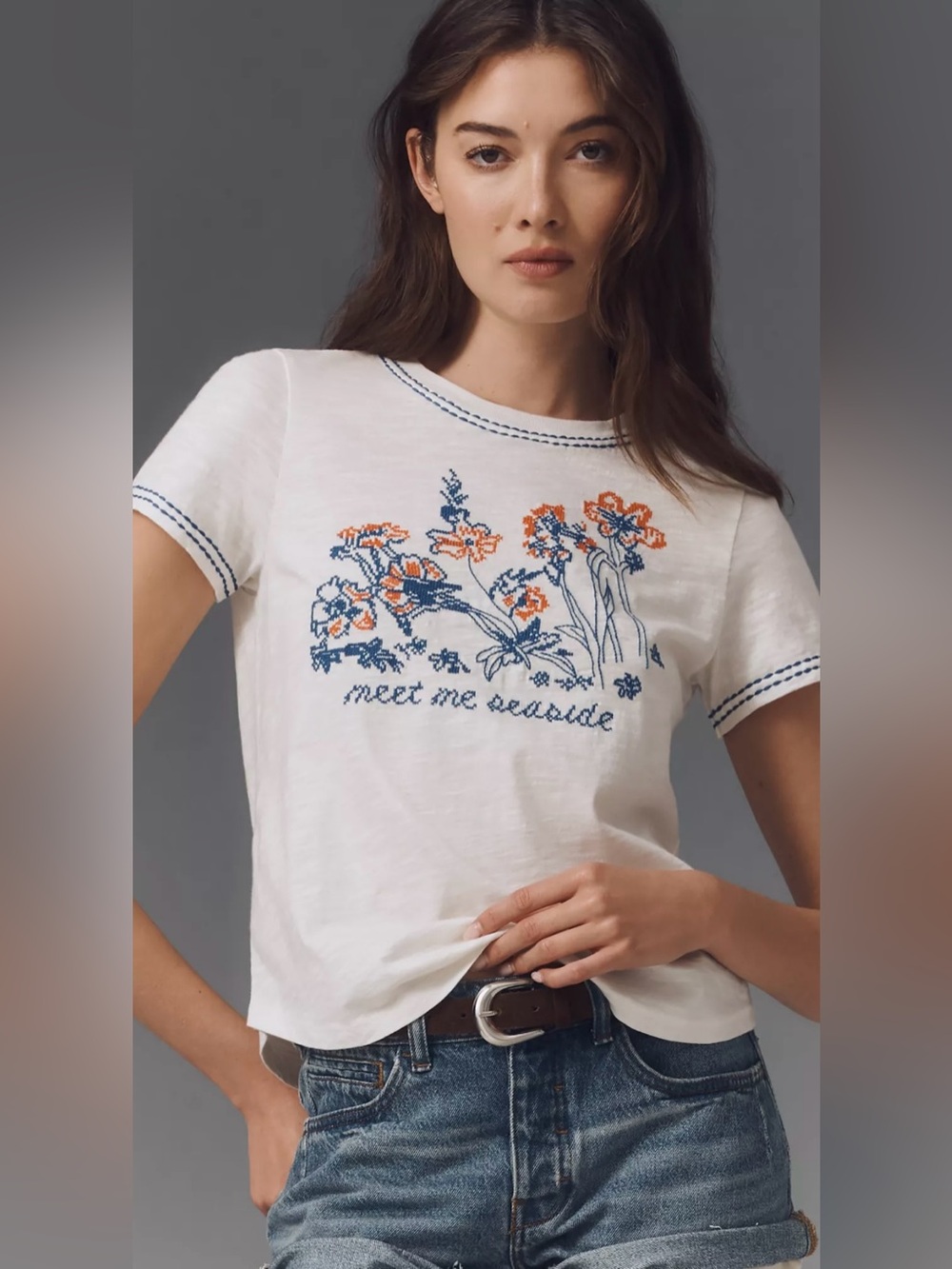 Anthropologie PILCRO White Tee with Blue and Orange Floral Embroidery